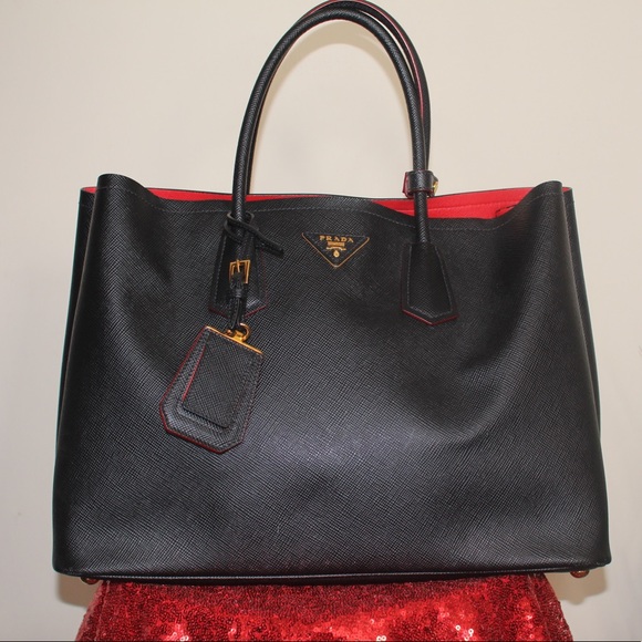 Prada Handbags - Prada Saffiano Cuir Medium Double Bag Red/Black